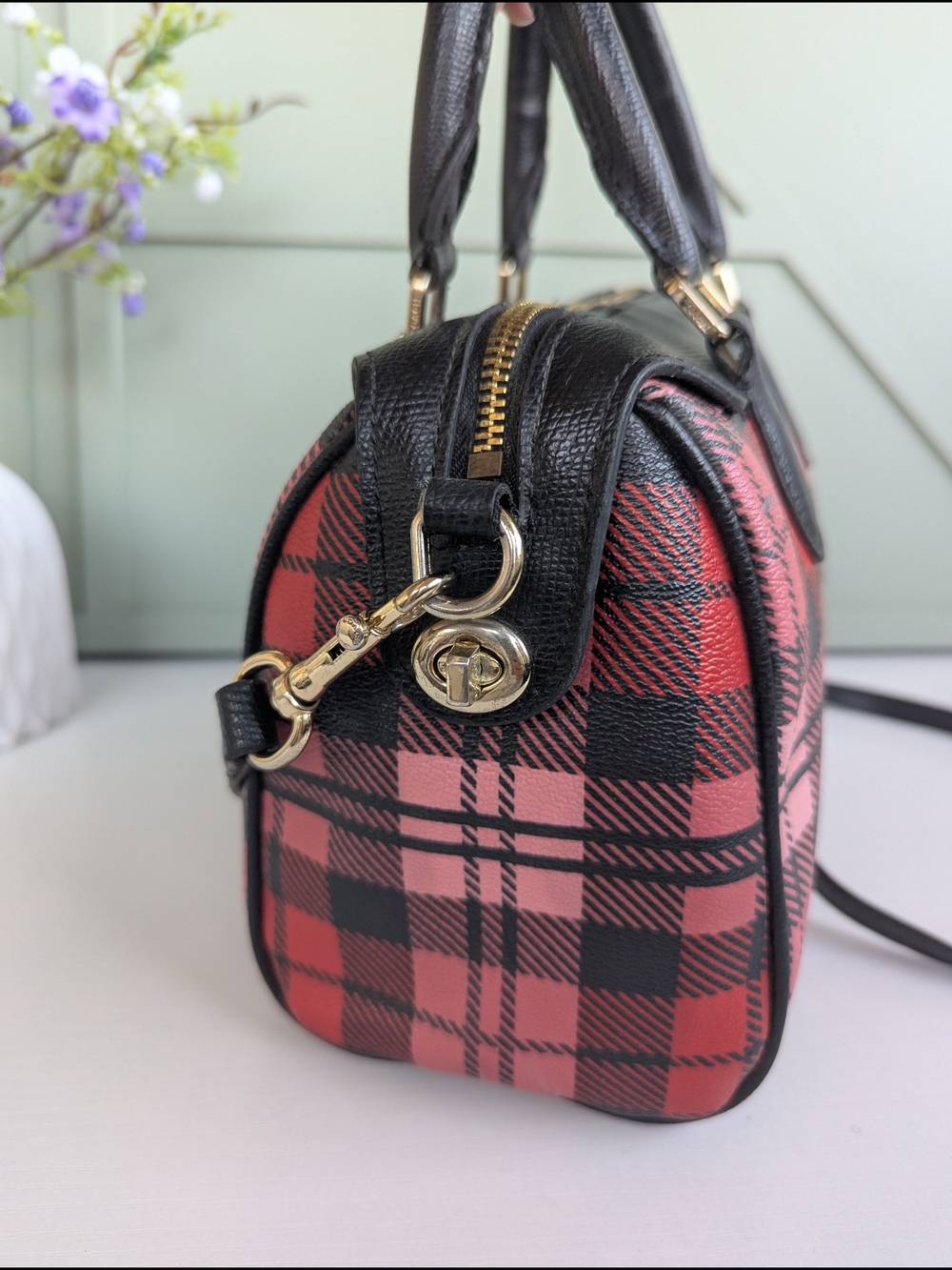 Coach Mini Bennett Satchel featuring a red, pink, andblack Riley Plaid print - Picture 6 of 13
